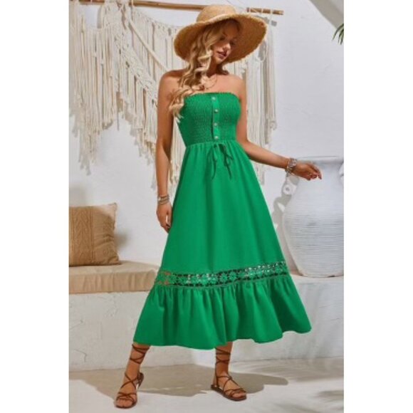 Elings Dresses & Skirts - Green Strapless Button-Up Smocked Maxi Dress With Floral Crochet Detail - Size L